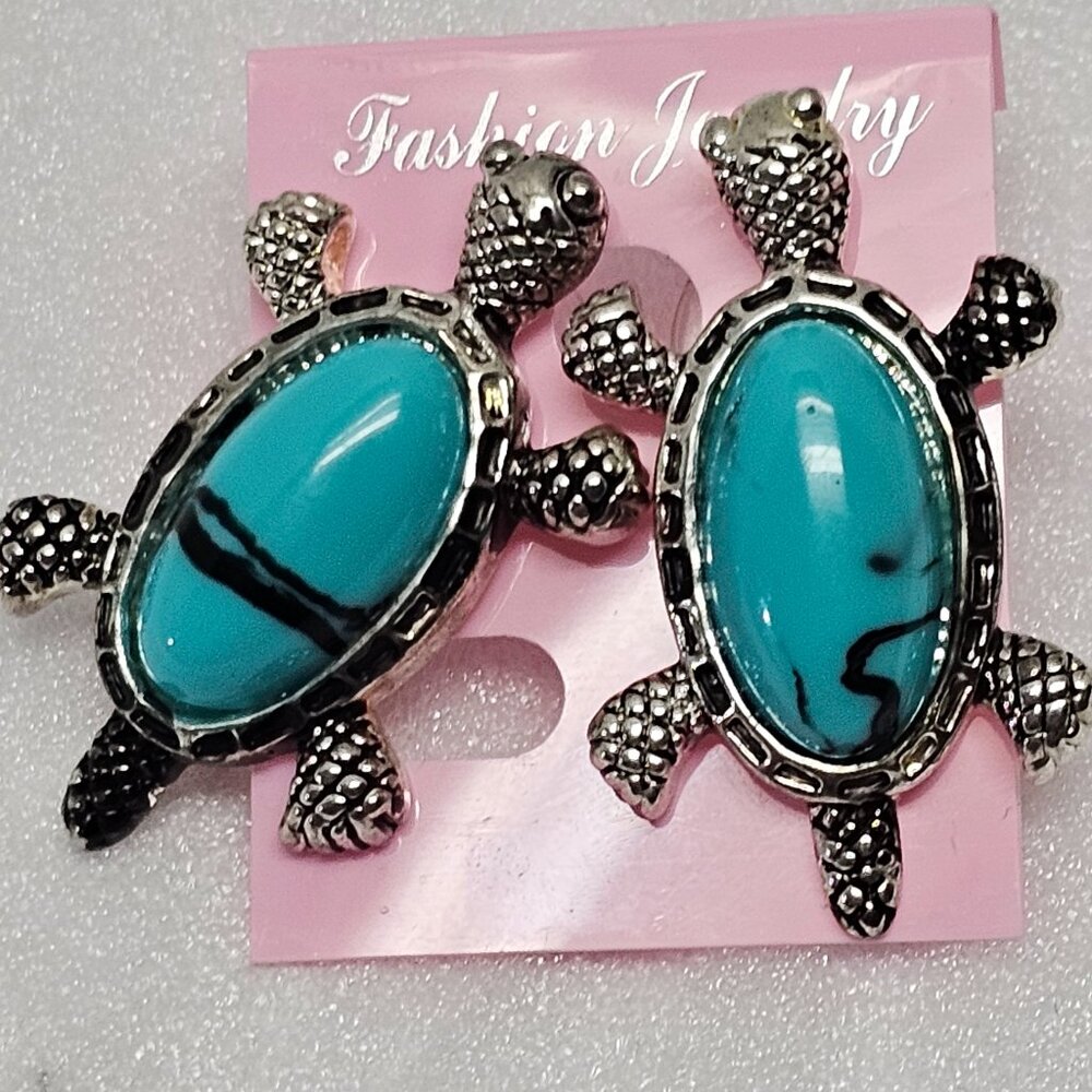 Jewelry Silver Color Animal Turtle Turquoise Stone Blue Post Earrings